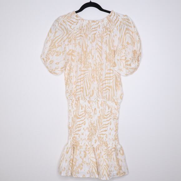 SABO LUXE Camari Linen Dress Smocked Patterned Ruffle Hem White Beige Women's L - Picture 8 of 13